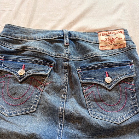 True Religion Joey Mid Rise Flare Jeans Blue Pink Contrast Stitching Size 28 - Picture 3 of 10